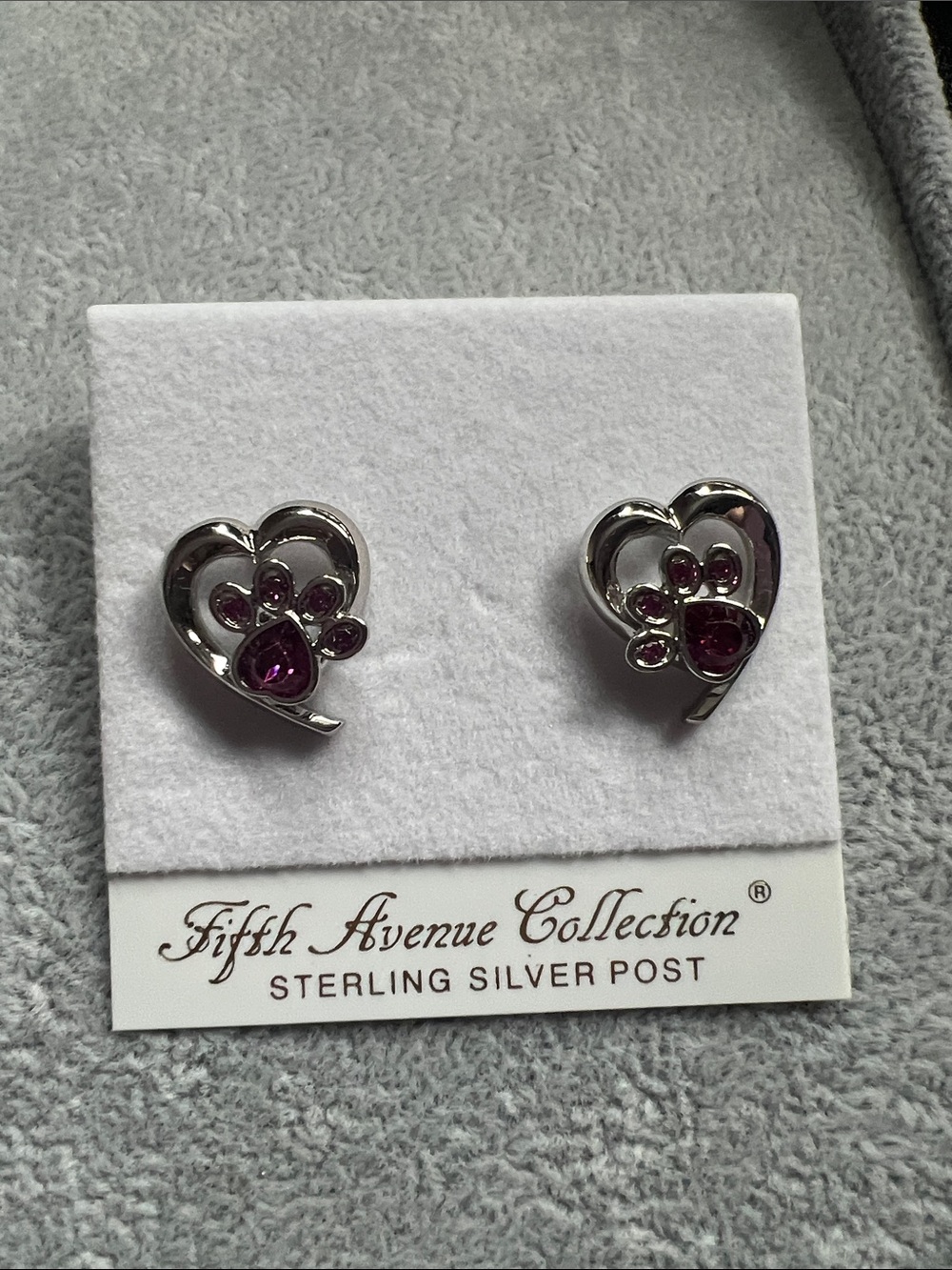 Silver Heart Paw Stud Earrings with Pink Swarovski Crystal